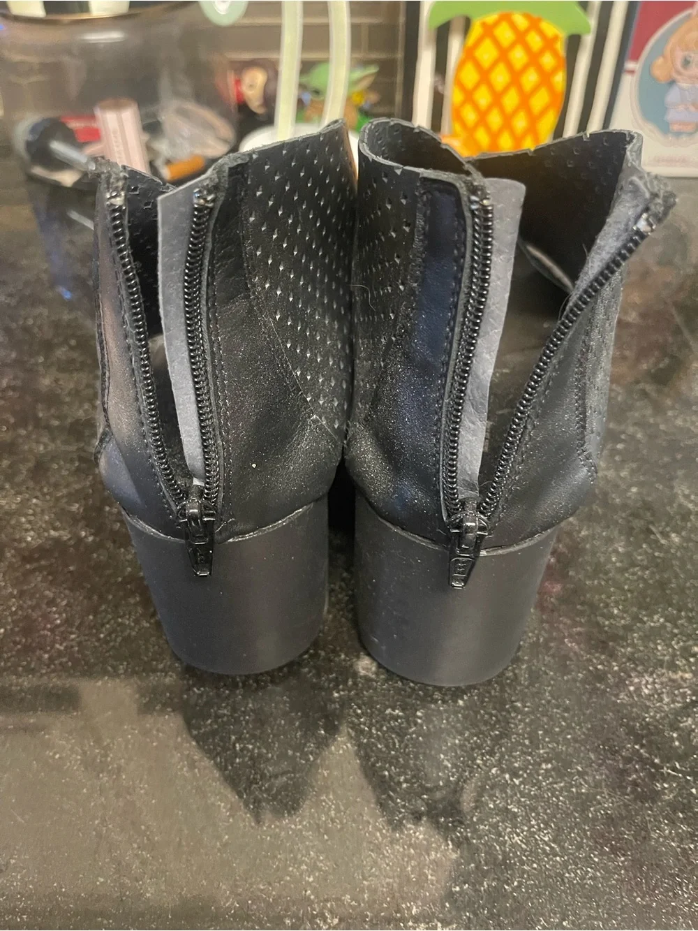 8100 Melrose Italian leather Black Perforated Peep-Toe Wedge Booties